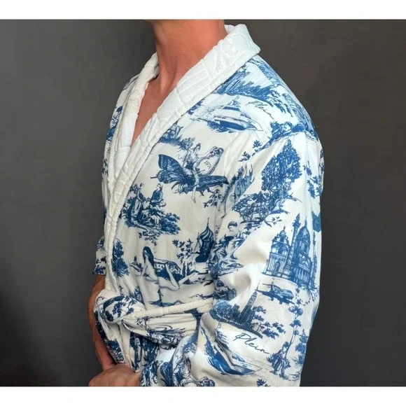 Couture Philipp Plein Bathrobe En Plein Air White Blue 100% Cotton Small Luxury - Picture 6 of 14